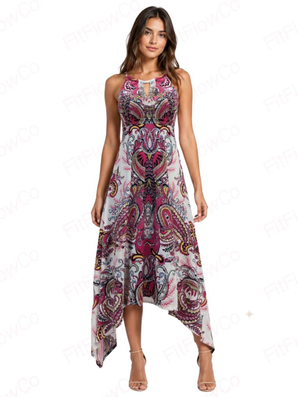 INC Paisley Halter Dress Pink Size S Asymmetrical Handkerchief Hem